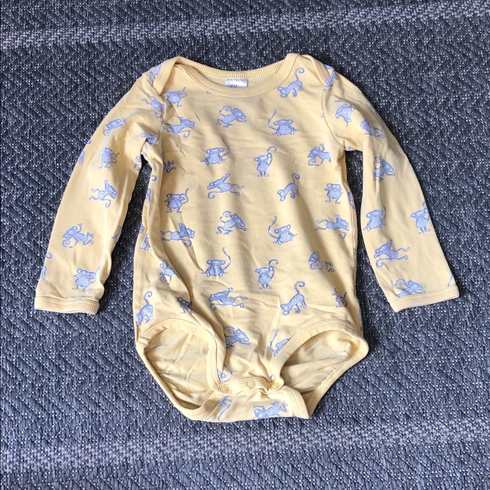 Yellow Long-Sleeve Baby One-Piece with Blue Monkey Print
